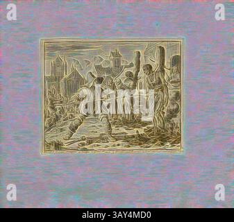 Una scena dinamica che raffigura un confronto storico, con figure impegnate in una lotta in uno scenario caotico. L'ambiente presenta edifici e alberi, suggerendo un ambiente tumultuoso dove la tensione è palpabile. La composizione cattura l'intensità del momento, mostrando la determinazione dei personaggi coinvolti., David e Levina strangolano e bruciano al Grand anno 1554, titolo parallelo: David e Levina ucciso e bruciato a Gand, A nn o 1554, firmato: I. Luyken, incisione copperplate, 65.), p. 139, Luyken, Jan (inv. et fec.), Jan Luyken: Théâtre des martyrs: depuis la mort de J. Foto Stock