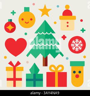 Set di icone ornamenti natalizi e regali: campana, albero, luce, regalo, leggi hart, Illustrazione Vettoriale