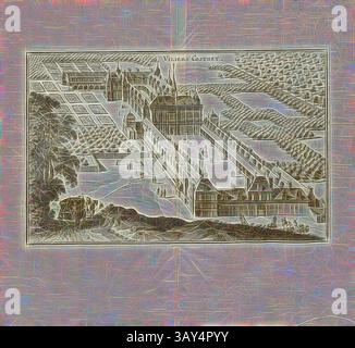 Un'illustrazione architettonica meticolosamente dettagliata di una grande tenuta, che mostra disegni intricati e ampi giardini. La struttura presenta un importante edificio principale, circondato da strutture più piccole e lussureggiante vegetazione, che offre uno sguardo sull'eleganza dell'architettura storica. La Costa di Villiers, lo Chateau de Villers-Cotterets in Francia, Fig. 110, dopo P. 96, Martin Zeiller: Topographia Galliae, oder, Beschreibung und Contrafaitung der vornehmbsten und bekantisten Oerter in dem mächtigen und grossen Königreich Franckreich: Beedes auss eygner Erfahrung und den besten und berühmbtesten Foto Stock