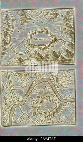 Una mappa topografica dettagliata che mostra una regione montuosa, con caratteristiche prominenti come tortuosi fiumi, laghi e terreni sopraelevati. La sezione superiore indica un'area chiamata "Masdazil", mentre la sezione inferiore rappresenta un paesaggio diverso, suggerendo un significato storico o geografico: Masdazil e Milhau, piano di le Mas-d'Azil e Millau in Francia, Fig. 26, undicesima parte, dopo P. 40, Martin Zeiller: Topographia Galliae, oder, Beschreibung und Contrafaitung der vornehmbsten und bekantisten Oerter in dem mächtigen und grossen Königreich Franckreich: Beedes auss eygner Erfahrung und den Foto Stock