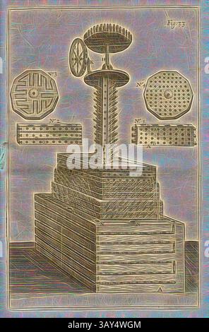 Un'illustrazione tecnica dettagliata che mostra una macchina o un apparato complesso, con vari schemi geometrici e strutture che circondano una caratteristica simile a una torre centrale. Il design include etichette e schemi complessi che suggeriscono funzionalità e ingegneria di precisione., Schloss 1, struttura di una statuetta di fuochi d'artificio, fig. 33, dopo P. 88 (parte 5), 1730, Kazimierz Siemienowicz, Daniel Elrich, Thoma Leonhard Beeren: Vollkommene Geschütz-Feuerwerck- und Büchsenmeisterey-Kunst: Hiebevor in Lateinischer Sprach beschrieben & mit Fleisz zusammen getragen. Franckfurt am Mayn: A Verlegung Johann David Foto Stock