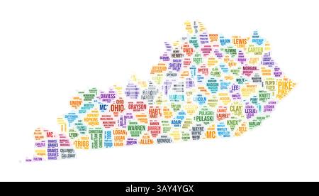 Cloud di parole della contea del Kentucky. Design della forma dello stato. Illustrazione a colori Kentucky. I nomi delle contee collage cloud. Illustrazione vettoriale. Illustrazione Vettoriale