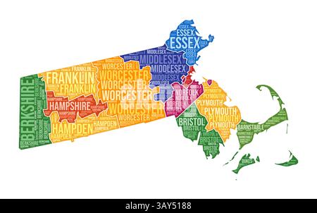 Forma Massachusetts. State Word cloud con divisione contea. Illustrazione colorata del Massachusetts. I nomi delle contee sono nubi. Illustrazione vettoriale. Illustrazione Vettoriale