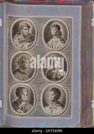 Una collezione di sei ritratti stilizzati, ciascuno racchiuso in una cornice circolare ornata, mostra individui distinti, mettendo in risalto le loro espressioni e i loro abiti unici. La disposizione enfatizza il contrasto e l'individualità tra le figure, suggerendo un tema storico o artistico., Giovanni da Fiesole Dominicanus Monac. Lippo Florentinus, Francesco Petrarca Poëta, Laura, Theophrastus Paracelsus, Leone Battista Alberti Florentin., Ritratto di fra Angelico, Filippino Lippi, Francesco Petrarca, Laura (figura letteraria nelle Rime di Petrarca), Filippo Teofrasto Aureolus Bomast di Hohenheim, Gio Foto Stock