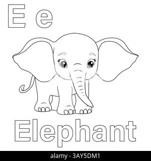 Foglio di lavoro della pratica di ricalco dell'alfabeto ABC. Lettera e per pagine da colorare Elephant V Illustrazione Vettoriale
