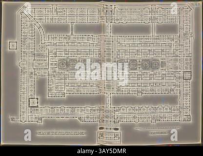 Un progetto dettagliato di un edificio, caratterizzato da numerose camere e corridoi, comprese sezioni etichettate e caratteristiche architettoniche. Il progetto mostra una disposizione meticolosa, che indica un ambiente pianificato e strutturato., Plan of the Principal Floor, Plan of the Main Courtyard of the Royal Courts of Justice in London After Alfred Waterhouse, Plate III, After P. 24, Alfred Waterhouse: General description of design: Courts of Justice competition. Londra: Stampato da George E. Eyre e William Spottiswoode: Her Majesty's Stationery Office, 1867, arte classica con un tocco moderno Foto Stock