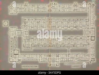 Un dettagliato progetto architettonico caratterizzato da un layout a griglia con più sezioni e percorsi, che mostra un design strutturato che probabilmente rappresenta un complesso o un piano di costruzione., piano del primo piano, piano del primo piano delle Royal Courts of Justice di Londra dopo Alfred Waterhouse, Taf. Vi, dopo pag. 24, Alfred Waterhouse: General description of design: Courts of Justice competition. Londra: Stampato da George E. Eyre e William Spottiswoode: Her Majesty's Stationery Office, 1867, arte classica con un tocco moderno reinventato da Artotop Foto Stock