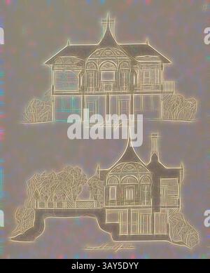 Un'illustrazione stilizzata di una casa a due livelli caratterizzata da intricati dettagli architettonici, tra cui balconi ornati, tetti a punta e vegetazione circostante. Le sezioni superiore e inferiore mostrano variazioni della struttura, mostrando diverse prospettive ed elementi paesaggistici., sezioni sulle linee a-b e c-d del piano, sezione trasversale della casa estiva nel giardino di Buckingham Palace, placca 2, dopo P. 11, Ludwig Gruner; Anna Jameson: Le decorazioni del giardino-padiglione nel terreno di Buckingham Palace. Londra: Publ. Di John Murray; Longman & Co.; P. & D. Colnaghi; F Foto Stock