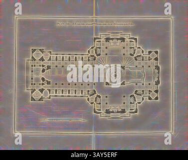 Un dettagliato progetto architettonico che mostra la planimetria di un grande edificio, caratterizzato da disegni intricati, layout simmetrici e varie sale evidenziate in tutta la struttura., Mappa della Chiesa Parrocchiale di la Magdeleine, illustrazione della pianta della chiesa la Madeleine del XVIII secolo, firmata: Contant Inv, PL. IX, dopo P. 128, Contant (inv.), 1765, Pierre Patte: Monumens érigés en France à la gloire de Louis XV. Parigi: chez l'auteur: chez Desaint: chez Saillant, 1765, arte classica con un tocco moderno reinventata da Artotop Foto Stock