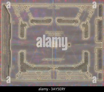 Vista aerea stilizzata di un layout geometrico caratterizzato da una piazza centrale circondata da sentieri e strutture simmetriche, con intricati disegni che enfatizzano i dettagli architettonici., Mappa di Piazza Louis Quinze, illustrazione del piano del luogo di Luigi XV del XVIII secolo, firmata: Patte del, PL. III, a pag. 124, Patte, Pierre, 1765, Pierre Patte: Monumens érigés en France à la gloire de Louis XV. Parigi: chez l'auteur: chez Desaint: chez Saillant, 1765, arte classica con un tocco moderno reinventata da Artotop Foto Stock