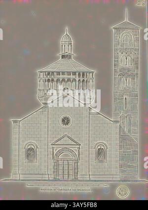 Un'illustrazione stilizzata di una chiesa storica caratterizzata da una cupola rotonda, intricati dettagli architettonici e un alto campanile accanto all'ingresso principale. Il disegno enfatizza la forma geometrica e gli elementi ornamentali della struttura: Madonna di campagna bellissima Palanza, Chiesa della Madonna di campagna a Verbania, Fig. 28, secondo IX, Julius Stadler, Georg Lasius: Exkursion der Bauschule im Juli 1864: [Tessin]. Zürich: [S.n.], [1864?], arte classica con un tocco moderno reinventata da Artotop Foto Stock