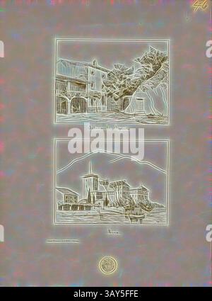 Una rappresentazione stilizzata che mostra due scene: La sezione superiore presenta un caratteristico edificio con arcate e alberi frondosi, mentre la parte inferiore mostra un tranquillo villaggio con una chiesa, adagiato su un lontano sfondo di montagna. Entrambe le scene evocano un senso di fascino e tranquillità. Osteria vicino Verona e Riva, ristoranti, Fig. 48, secondo P. IX, Julius Stadler, Georg Lasius: Exkursion der Bauschule im Juli 1864: [Tessin]. Zürich: [S.n.], [1864?], arte classica con un tocco moderno reinventata da Artotop Foto Stock
