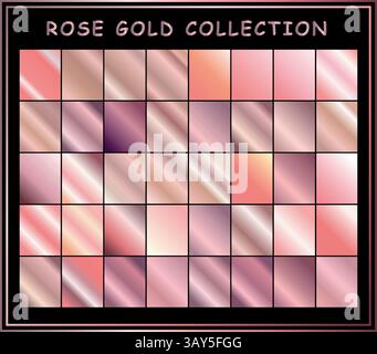 Set di lamina oro rosa. Collezione di texture metalliche rosa isolate su sfondo nero. Illustrazione Vettoriale