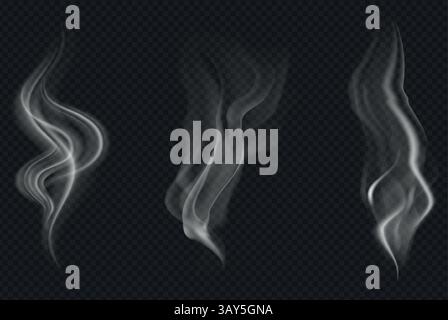 Set di fumo o vapore trasparente realistico nei colori bianco e grigio, per l'uso su sfondo scuro. Illustrazione Vettoriale