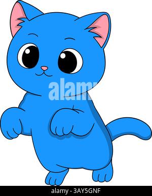 Adorabile illustrazione a cartoni animati di un gatto blu in piedi su due gambe con un'espressione dolce e giocosa. Il gatto ha grandi occhi rotondi, orecchie interne rosa, e. Illustrazione Vettoriale