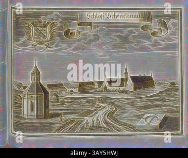 Un'illustrazione dettagliata che raffigura un castello storico adagiato su un tranquillo paesaggio, caratterizzato da colline ondulate e un sentiero tortuoso. In primo piano, accanto al castello sorge un pittoresco campanile della chiesa, mentre le bandiere in alto mostrano uno stemma e un'iscrizione, aggiungendo un'aria di nobiltà alla scena. Il castello di Schenckenau, il castello di Schenkenau a Waidhofen in Baviera (Germania), Fig. 154, dopo P. 80, Wening, Michael (del. Et sc.), 1701, Michael Wening: Historico-topographica descriptio. DAS ist: Beschreibung, dess Churfürsten- und Hertzogthumbs Ober- und Nidern Bayrn, welches in vier Theil oder Rennt- Foto Stock