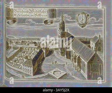 Un'illustrazione intricata e dettagliata di un edificio storico, caratterizzato da una torre prominente e strutture adiacenti, adagiato su un paesaggio stilizzato. La scena enfatizza gli elementi architettonici e l'ambiente circostante, creando un senso di profondità e significato storico: Il famoso pellegrinaggio a San Salvatore a Bettbrunn, la Chiesa di San Salvatore a Bettbrunn in Baviera (Germania), Fig. 165, secondo P. 90, Wening, Michael (del. Et sc.), 1701, Michael Wening: Historico-topographica descriptio. DAS ist: Beschreibung, dess Churfürsten- und Hertzogthumbs Ober- und Nidern Foto Stock