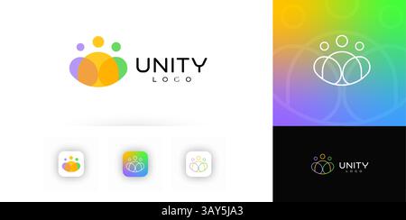 Logo Modern Unity con figure umane astratte in forme circolari sovrapposte e colori vivaci. Ideale per Community, lavoro di squadra o no profit Illustrazione Vettoriale