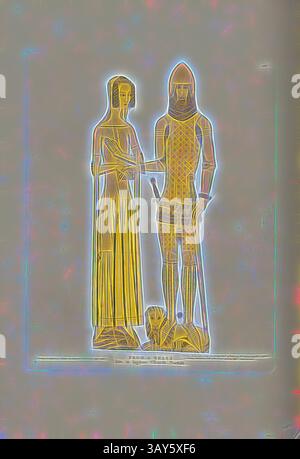 Una rappresentazione stilizzata di una figura solenne in una veste fluente in piedi accanto a un cavaliere in armatura, entrambi che esprimono un senso di dignità e compagnia, ambientata su uno sfondo astratto che ne esalta le forme., da un Ottone tardo a Ingham Church Norfolk, figure su una targa commemorativa della chiesa della Santissima Trinità a Ingham nel Norfolk, firmata: Disegnata e incisa da C.A. Stothard Jun, pubblicata da C.A. Stothard Jun, Fig. 77, 68, dopo P. 56, Stothard, Charles Alfred Jun. (disegnato, inciso e publ.), Charles Alfred Stothard, Alfred John Kempe: The monumental Effigies of Great Britain: Selected from our Foto Stock