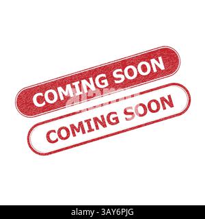 Presto disponibile timbro in gomma rossa – grafica promozionale retro grassetto su sfondo bianco Illustrazione Vettoriale