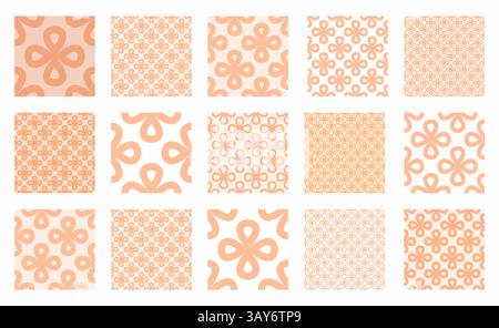 Collezione di vivaci motivi lineari senza cuciture con forme floreali su sfondo color pesca. Design divertenti per moda, tessuti, arredamento per la casa e Illustrazione Vettoriale