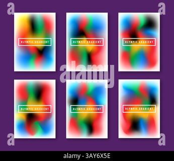 Serie di poster gradienti con vivaci disegni astratti. Perfetto per pubblicità moderne, brochure e progetti digitali con miscele omogenee e. Illustrazione Vettoriale