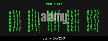 Raccolta di parole psichedeliche scritte - WAVE. Parole psichedeliche retrò futuristiche. Forme geometriche surreali sulle parole, wireframe cyberpunk astratto. Illustrazione Vettoriale