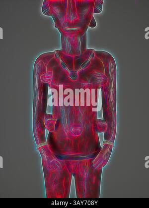 Una figura stilizzata si erge con sicurezza, decorata con motivi geometrici e contorni luminosi che ne sottolineano le caratteristiche. La figura ha tratti facciali distinti e protrusioni multiple, suggerendo una combinazione di elementi umani e astratti, creando un impatto visivo sorprendente. Figura madre e bambino, popolo Baga, XX secolo, legno, pigmento, ferro da stiro, 36-1/2 x 8-3/4 x 10 pollici, arte africana, arte classica con un tocco moderno reinventata da Artotop Foto Stock