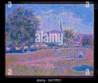 Un tranquillo paesaggio caratterizzato da un pittoresco campanile di chiesa che si innalza sopra alberi lussureggianti e un campo aperto, con un cielo dolce sullo sfondo. La scena trasmette un'atmosfera tranquilla, invitante contemplazione e connessione con la natura. La Casa della donna sorda e il Belfry di Eragny (la Maison de la Sourde et le Clocher d'Eragny), Camille Pissarro (francese, 1830-1903), 1886, olio su tela, 25-5/8 x 31-7/8 poll. (tela) 37-1/4 x 43-1/2 x 3 poll. (Incorniciato), firmato e datato, in basso a sinistra: C. Pissarro. 1886, altro titolo, le Grand noyer (il grande albero di noce), European Painting and Sculpture 1800-1945, Classic Foto Stock