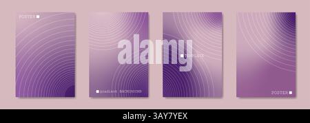 Sfondo astratto del poster, raccolta di set di template per schede sfumate viola. La linea di copertura minima si muove con cerchi in movimento. Banner per illustrazioni vettoriali Illustrazione Vettoriale