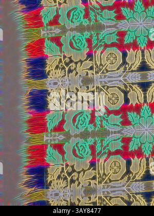 Un motivo intricato caratterizzato da colori vivaci e disegni elaborati, che mostra una miscela di motivi floreali e forme geometriche. La composizione complessiva crea un'esperienza visiva dinamica, attirando l'occhio attraverso le sue complesse texture e i vivaci contrasti., copriletto (Jacquard Coverlet), Henry Brehm (American, 1815-1902), S. Daywald, Client (American), 1837, lana, 97-1/2 x 77-1/2 poll. (senza frangia) 100-1/2 x 82-1/2 poll. (Con frangia), tessuto, blocchi angolari inferiori (uno al contrario): HENRY, BREHM, WOM, ELS, DORF, 1837, S x DAYWALD, Textile and Fashion Arts, arte classica reinventata con un tocco moderno Foto Stock