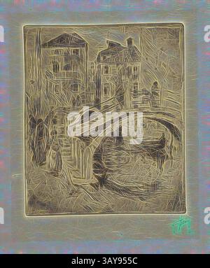 Una scena serena cattura un pittoresco ponte che si innalza su un tranquillo corso d'acqua, fiancheggiato da edifici affascinanti. L'acqua dolce riflette l'ambiente circostante, creando un'atmosfera tranquilla piena di fascino artistico. Il Venetian Canal and Bridge, Robert Frederick Blum (americano, 1857-1903), 1886, inchiostro su carta, incisione, 5-3/4 x 5 poll. (immagine) 12-1/2 x 9 poll. (Foglio), stampato in rosso sotto l'immagine L.R.: Blum, arte classica con un tocco moderno reinventata da Artotop Foto Stock