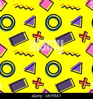 Motivo geometrico astratto senza cuciture con cerchi, triangoli, rettangoli, zigzag e croci in audaci colori retrò su sfondo giallo. Perfetto per Illustrazione Vettoriale