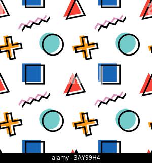 Motivo senza cuciture con forme geometriche astratte e colorate come triangoli, cerchi, quadrati e zigzag in stile Memphis su uno sfondo bianco Illustrazione Vettoriale