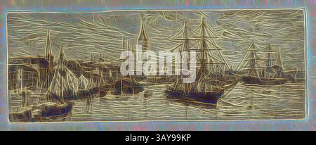 Una vivace scena portuale piena di navi di varie dimensioni, ambientate su uno sfondo di iconiche strutture architettoniche, che catturano l'essenza della vita marittima. Le linee intricate evocano un senso di movimento ed energia, mostrando una vibrante atmosfera fronte mare., Venice, Shipping e Palazzo Ducale, otto Henry Bacher (americano, 1856-1909), 1880, inchiostro su carta, incisione, 4-3/4 x 12-1/2 poll. (immagine) 11-1/2 x 17-1/2 poll. (Foglio), firmata, serie, Venetian Series, Classic art con un tocco moderno reinventata da Artotop Foto Stock