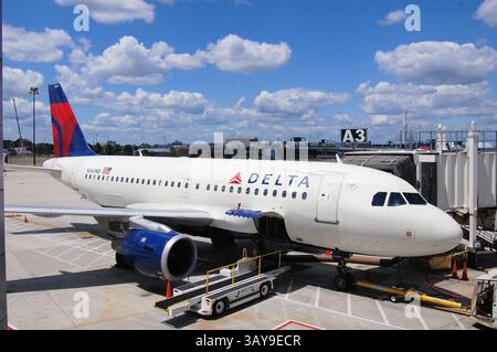 Questo Airbus A319-114 fa parte della flotta stretta di Delta Airline. Si sta preparando a volare all'aeroporto JFK di New York Foto Stock