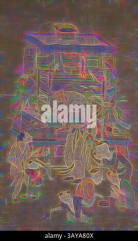 Una scena vibrante raffigura un vivace mercato pieno di personaggi impegnati in attività vivaci, circondato da intricati motivi e contorni colorati che esaltano il senso di movimento e di energia., venditore ambulante giocattolo, dinastia Ming, dinastia Ming, anni '1500, inchiostro e colore su seta, 63-3/4 x 38-1/4 poll. (immagine) 104-1/2 x 42-1/4 poll. (montaggio) 46-1/2 poll. (Larghezza installazione), Arte Asiatica, Arte classica con un tocco moderno reinventata da Artotop Foto Stock