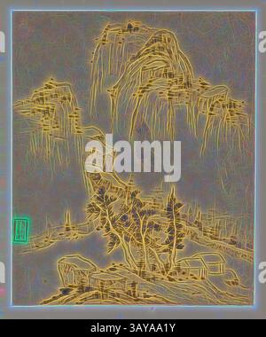 Un tranquillo paesaggio caratterizzato da montagne maestose, cascate e alberi delicati da un tranquillo ruscello. Alla base si trova una piccola struttura che si fonde armoniosamente con l'ambiente naturale circostante., album of Landscape Paintings, Yang Wencong (cinese, 1597-1645), dinastia Ming, periodo, Chongzhen, 1644, inchiostro su carta, 11-7/8 x 9-3/4 poll. (immagine) 15-1/4 x 11-7/8 x 1-1/8 poll. (album) 15-1/4 x 23-5/8 x 1-1/8 poll. (Installato), inciso, firmato e datato: Decimo mese lunare del 1644, dipinto a Duncun [da] Yang Wencong di Jizhou sigillo: Wencong sigillo: Yang Bozi, arte asiatica, arte classica con un tocco moderno Foto Stock