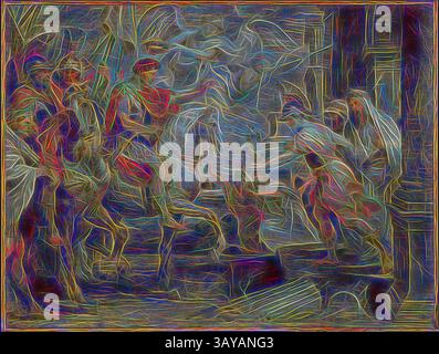 Una scena dinamica raffigura un gruppo di figure impegnate in un momento drammatico, caratterizzato da linee vorticose e colori vibranti, che trasmettono movimento ed emozione mentre interagiscono intorno a una figura centrale., entrata trionfale di Costantino in Roma, Peter Paul Rubens (fiammingo, 1577-1640), circa 1621, olio su tavola, 19 x 25-1/2 in. (pannello) circa 28-1/2 x 34 x 3-1/4 poll. (Incorniciato), Pittura e Scultura europea prima del 1800, arte classica con un tocco moderno reinventata da Artotop Foto Stock