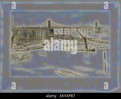 Una scena serena con un ponte che attraversa un corpo d'acqua, con resti di strutture in legno e un paesaggio tranquillo che crea un senso di quiete e nostalgia., Old Hungerford Bridge, James Abbott McNeill Whistler (americano, 1834-1903), 1861, incisione e punto di arido su carta giapponese off-white, 5-1/2 x 8-3/8 in. (immagine) 7-3/8 x 9-7/8 poll. (Foglio), serie, una serie di sedici incisioni di scene sul Tamigi, arte classica con un tocco moderno reinventata da Artotop Foto Stock