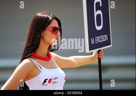 Le "ragazze della griglia" fanno parte degli sport motoristici internazionali tanto quanto il carburante ad alto numero di ottani, i tappi per le orecchie e gli incidenti ardenti. Prima di ogni gara, le ragazze della griglia prendono posizione dietro la linea di partenza, tenendo la bandiera nazionale della squadra e il numero del veicolo, o tenendo gli ombrelli sopra i piloti rivestiti in pelle per tenere il sole lontano da loro sull'asfalto bruciante. Inoltre, a quanto pare, passano un bel po' di tempo a stare in giro e a sembrare assurdamente caldi. A lungo, possano agitare. Nella foto: 30 maggio 2010 - Grid Girl Formula One World Championship, Rd 7, Gran Premio di Turchia, Race Day, Istanbul Park. (Credito: © Sutt Foto Stock