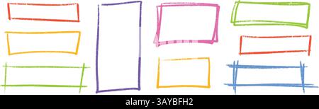 Set di rettangoli color pastello disegnati a mano - forme di schizzo ruvide con una texture a pastello, pennarello o inchiostro. Illustrazione Vettoriale