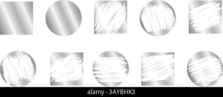 Elementi grafici della lotteria con carta d'argento e graffi - assortimento di cornici quadrate e circolari irregolari. Illustrazione Vettoriale