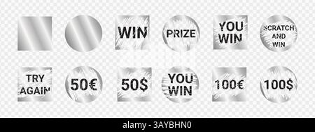 Graffio testo vinci - set di francobolli con scritta a matita tratteggiata in argento. Illustrazione Vettoriale