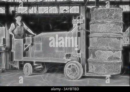 Un uomo gestisce un'imballatrice per fieno d'epoca, circondata da grandi pile di fieno in un ambiente rustico, che mostra il lavoro e i macchinari della vita agricola., Fotografia - H.V. McKay Massey Harris, Man Driving Forklift, Sunshine, Victoria, ottobre 1941, fotografia in bianco e nero di un dipendente di H.V McKay Massey Harris alla guida di un carrello elevatore nella fabbrica Sunshine. Il carrello elevatore fabbricato in fabbrica, illustrato qui, è dotato di scatole preconfezionate con pezzi fusi di ferro bianco per il trattamento nel forno di ferro malleabile. Il processo di lavorazione dei forni ha richiesto ai distributori automatici di convertire i pezzi fusi di ferro bianco in pezzi fusi di ferro malleabile. Il McKay Foto Stock