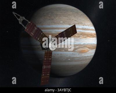 20 gennaio 2010 - con la sua suite di strumenti scientifici, Giunone indagherà l'esistenza di un nucleo planetario solido, mappa l'intenso campo magnetico di Giove, misura la quantità di acqua e ammoniaca nell'atmosfera profonda e osserva le aurore del pianeta. L'obiettivo principale di Giunone è capire l'origine e l'evoluzione di Giove. Sotto la sua fitta copertura di nubi, Giove salvaguarda i segreti dei processi e delle condizioni fondamentali che hanno governato il nostro sistema solare durante la sua formazione. Come esempio primario di un pianeta gigante, Giove può anche fornire conoscenze critiche per comprendere il piano Foto Stock