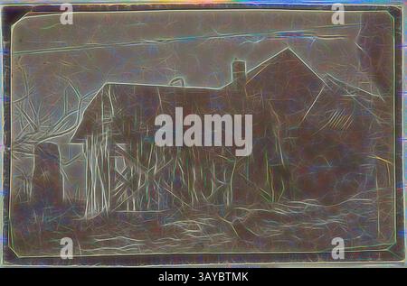 Una vecchia casa maledetta si erge tranquillamente in mezzo alla vegetazione sovrastata, con la sua silhouette delineata su uno sfondo nebbioso. La struttura, con il suo tetto inclinato e la facciata vecchia, evoca un senso di nostalgia e mistero. Fotografia - Frost on Ruins, somme, Francia, sergente John Lord, prima guerra mondiale, 1917, una delle 185 fotografie in bianco e nero di un album, scattate in Francia durante la prima guerra mondiale dal sergente John Lord. Alcune pagine sono vuote. Le fotografie dell'album raffigurano campi dell'esercito, ospedali, trincee, carri armati, paesaggi, cimiteri e tombe e gruppi di soldati australiani in posa. I luoghi del Signore Foto Stock