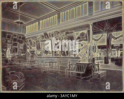 Gli interni spaziosi e ricchi di arte presentano una serie di dipinti incorniciati che adornano le pareti, mentre le panche in legno invitano i visitatori a sedersi e apprezzare l'ambiente circostante. Fotografia - Corte Italiana, Galleria d'Arte, sala grande, edificio espositivo, 1880-1881, veduta della mostra della Galleria d'Arte Italiana sulla parete meridionale della navata orientale, e che si estende attraverso il balcone orientale, nella Great Hall alla Melbourne International Exhibition 1880 tenutasi presso gli Exhibition Buildings, Carlton Gardens, tra il 1° ottobre 1880 e il 30 aprile 1881. Le gallerie d'arte dei vari paesi lo erano Foto Stock