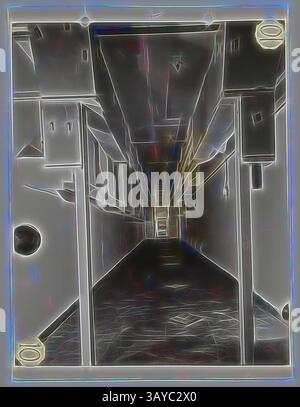 Un lungo e stretto corridoio si estende in lontananza, incorniciato da elementi industriali e deboli riflessi sul pavimento, creando un'atmosfera di mistero e spazio non occupato., fotografia, First Drying Alley, Coating Dept, Abbotsford, intorno agli anni '1940, fotografia in bianco e nero che raffigura il primo vicolo di essiccazione nel reparto di rivestimento della pellicola nella fabbrica Kodak Australasia Pty Ltd, Abbotsford. L'immagine è il numero 10 di una serie con il reparto e le relative apparecchiature. Collezione di prodotti, materiali promozionali, fotografie e manufatti della vita lavorativa, When, arte classica con un tocco moderno Foto Stock