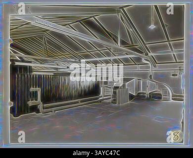 Interni spaziosi e industriali con soffitti alti e travi a vista, con un mix di curve morbide e linee nette che creano un contrasto intrigante. Le ombre giocano sul pavimento, sottolineando l'apertura dell'area e sottolineando al contempo gli elementi di design unici della struttura. Fotografia, Plate Department Air-Conditioning Plant, Abbotsford, anni '1930 circa, fotografia in bianco e nero che raffigura l'impianto di climatizzazione nel reparto Plate. L'aria diretta alla stanza di essiccazione viene distribuita e filtrata da un filtro da parete a parete a 3 piedi dal soffitto. L'immagine è il numero 8 di una serie Foto Stock